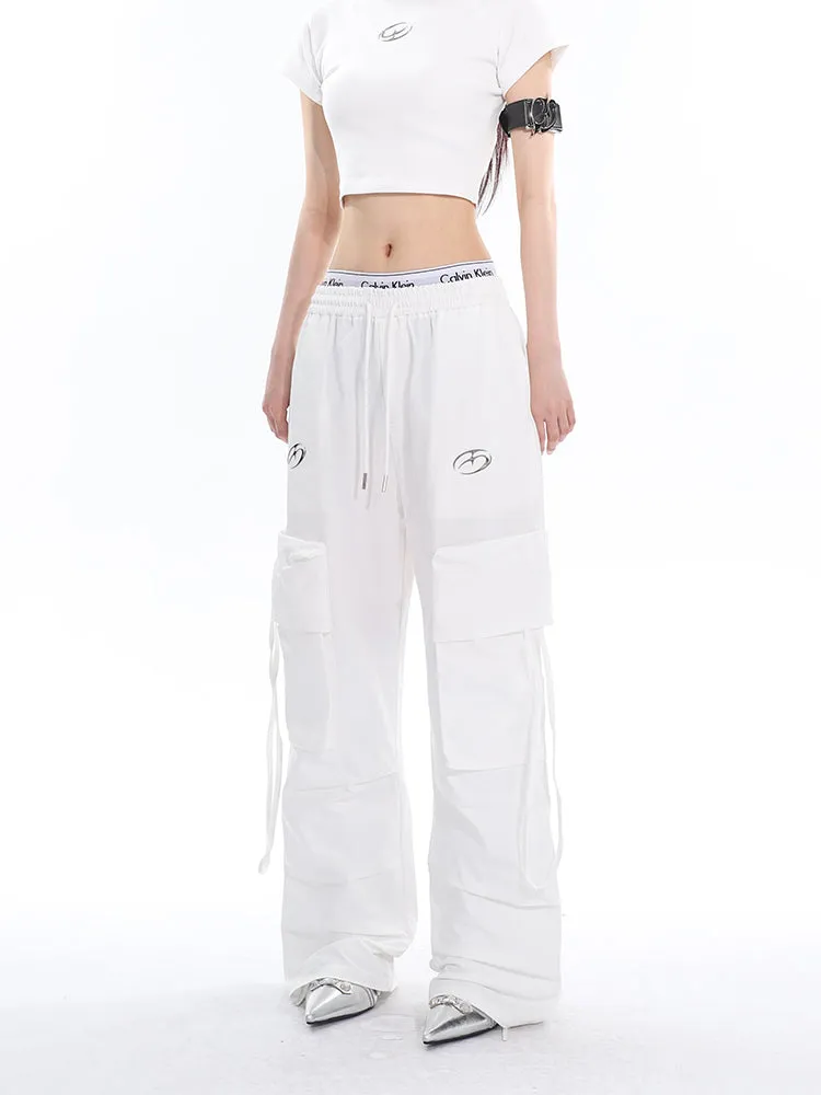 Sia Solid Color White Slim Short Sleeve Cropped Top   High Waist Baggy Multi-Pocket Cargo Pants Matching Set