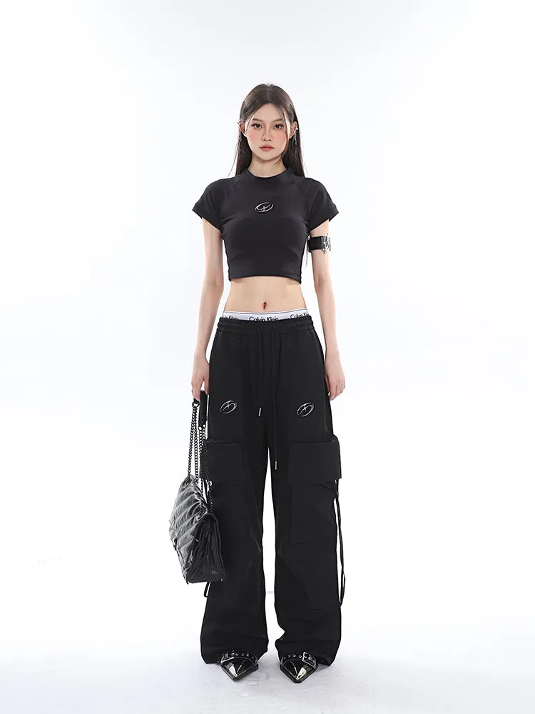 Sia Solid Color White Slim Short Sleeve Cropped Top   High Waist Baggy Multi-Pocket Cargo Pants Matching Set