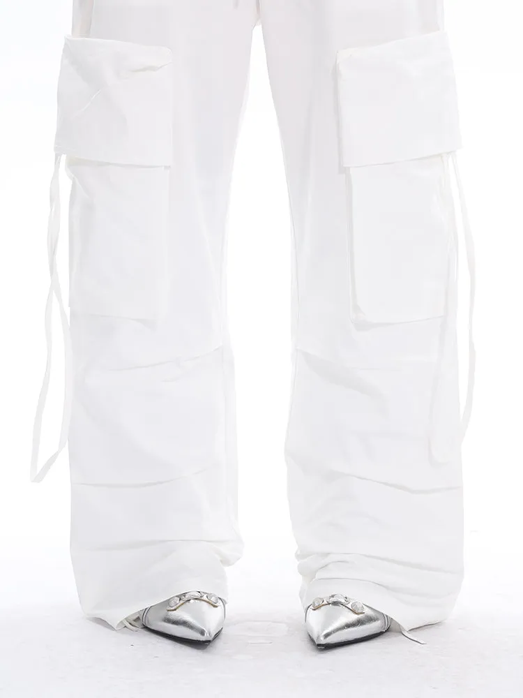 Sia Solid Color White Slim Short Sleeve Cropped Top   High Waist Baggy Multi-Pocket Cargo Pants Matching Set