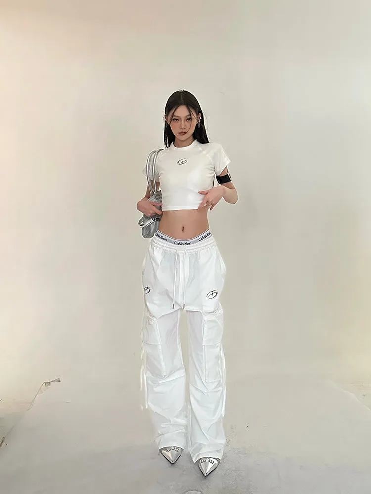 Sia Solid Color White Slim Short Sleeve Cropped Top   High Waist Baggy Multi-Pocket Cargo Pants Matching Set