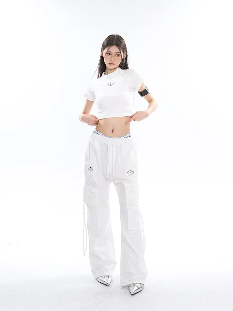 Sia Solid Color White Slim Short Sleeve Cropped Top   High Waist Baggy Multi-Pocket Cargo Pants Matching Set