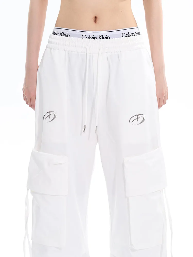 Sia Solid Color White Slim Short Sleeve Cropped Top   High Waist Baggy Multi-Pocket Cargo Pants Matching Set
