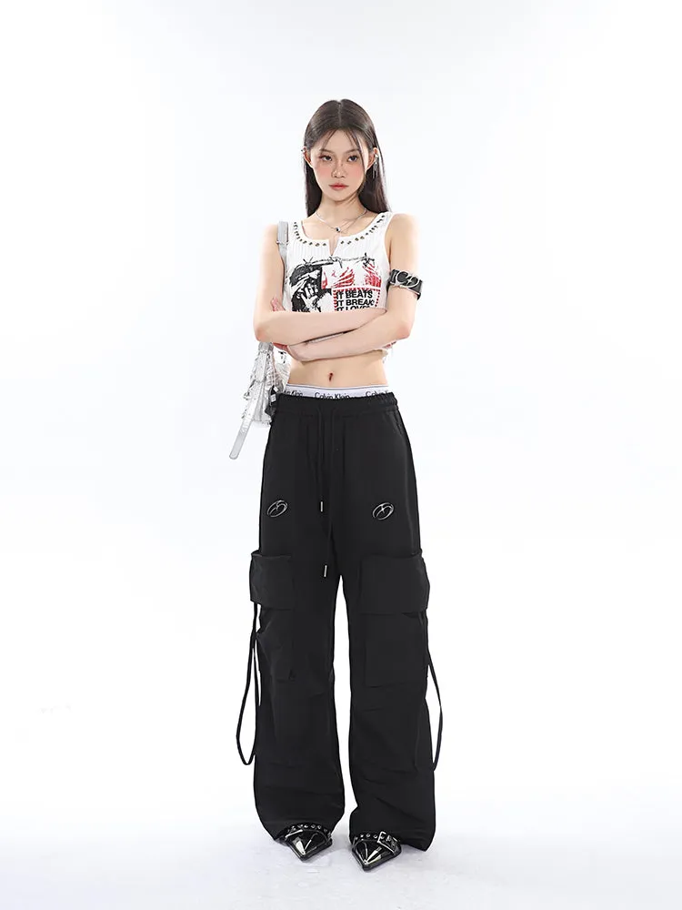 Sia Solid Color White Slim Short Sleeve Cropped Top   High Waist Baggy Multi-Pocket Cargo Pants Matching Set