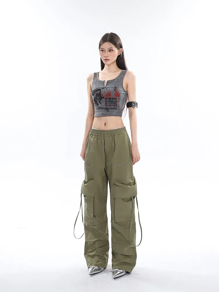 Sia Solid Color White Slim Short Sleeve Cropped Top   High Waist Baggy Multi-Pocket Cargo Pants Matching Set