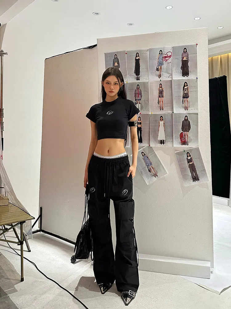 Sia Solid Color White Slim Short Sleeve Cropped Top   High Waist Baggy Multi-Pocket Cargo Pants Matching Set