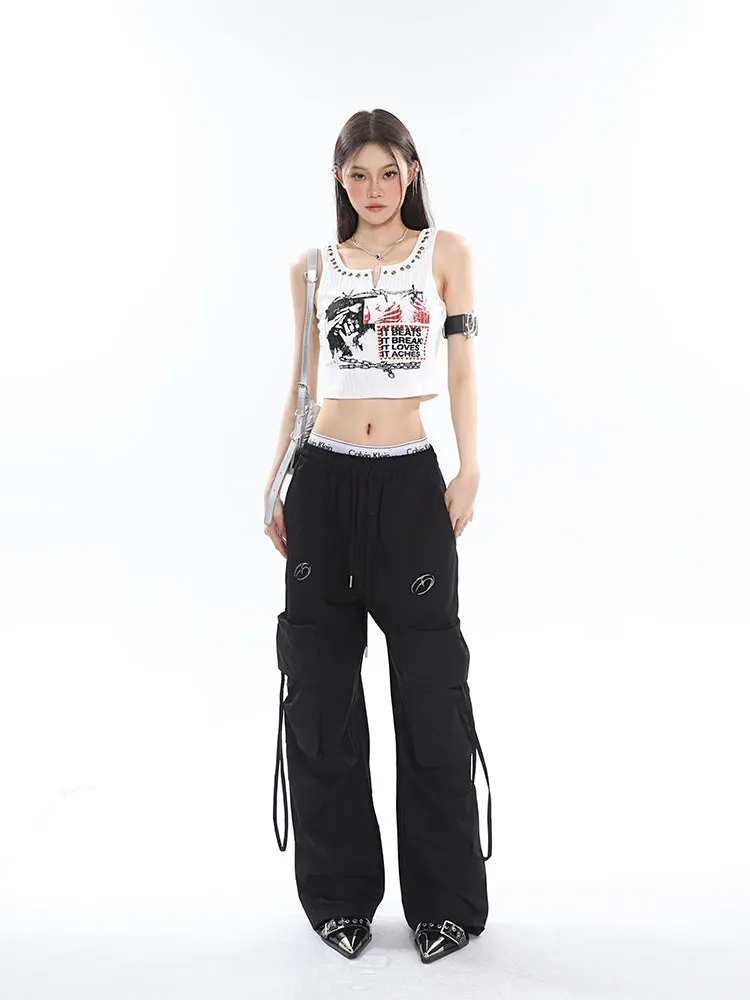 Sia Solid Color White Slim Short Sleeve Cropped Top   High Waist Baggy Multi-Pocket Cargo Pants Matching Set