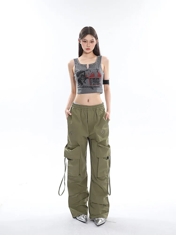 Sia Solid Color White Slim Short Sleeve Cropped Top   High Waist Baggy Multi-Pocket Cargo Pants Matching Set