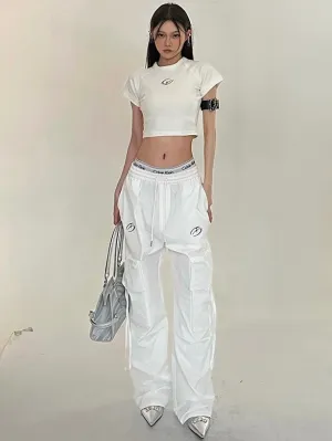 Sia Solid Color White Slim Short Sleeve Cropped Top   High Waist Baggy Multi-Pocket Cargo Pants Matching Set