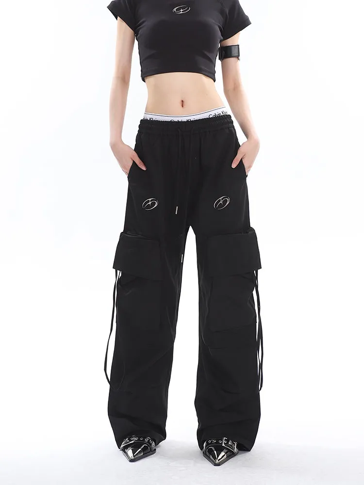 Sia Solid Color White Slim Short Sleeve Cropped Top   High Waist Baggy Multi-Pocket Cargo Pants Matching Set