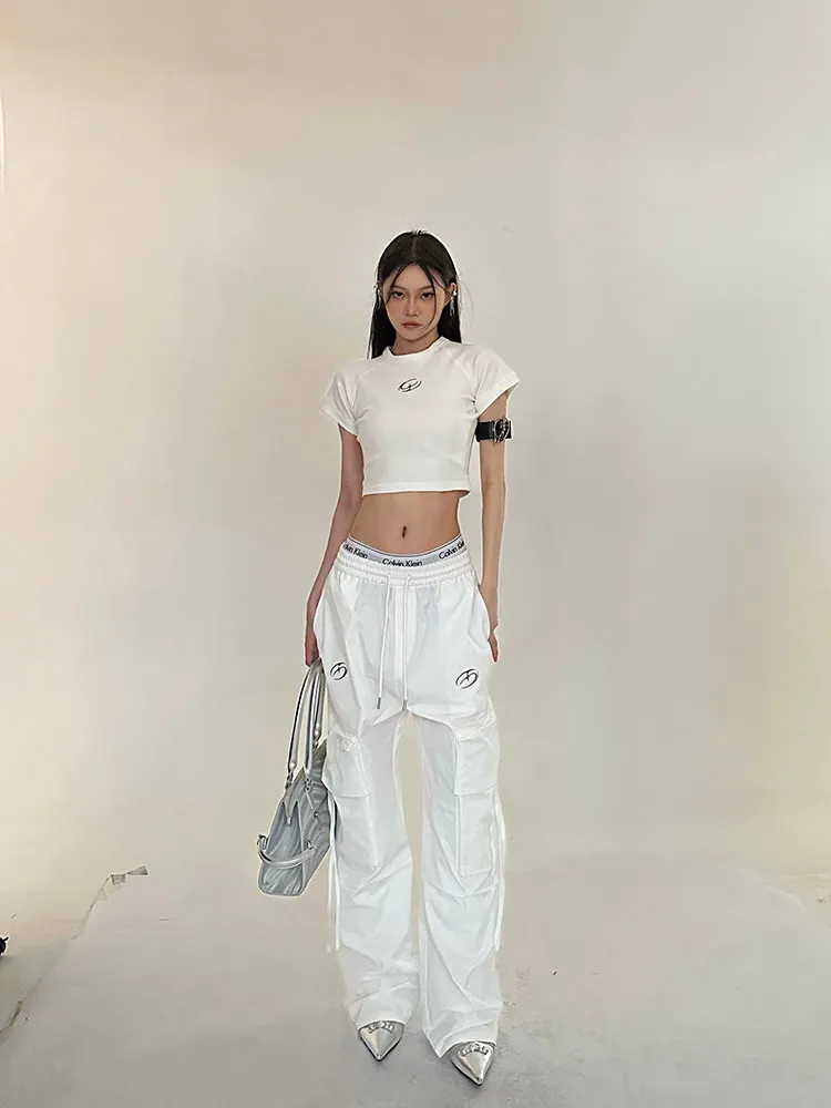 Sia Solid Color White Slim Short Sleeve Cropped Top   High Waist Baggy Multi-Pocket Cargo Pants Matching Set