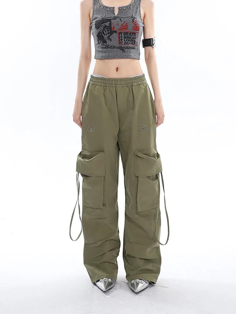 Sia Solid Color White Slim Short Sleeve Cropped Top   High Waist Baggy Multi-Pocket Cargo Pants Matching Set