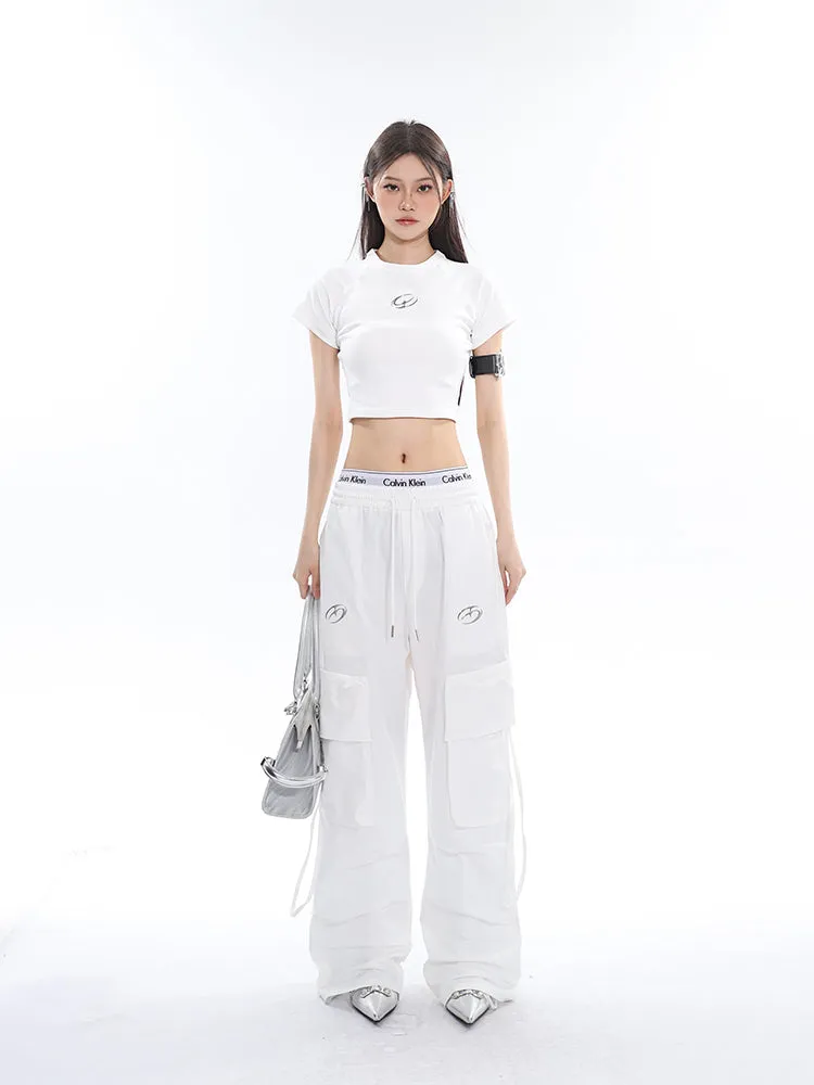 Sia Solid Color White Slim Short Sleeve Cropped Top   High Waist Baggy Multi-Pocket Cargo Pants Matching Set