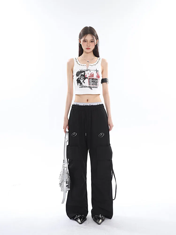 Sia Solid Color White Slim Short Sleeve Cropped Top   High Waist Baggy Multi-Pocket Cargo Pants Matching Set