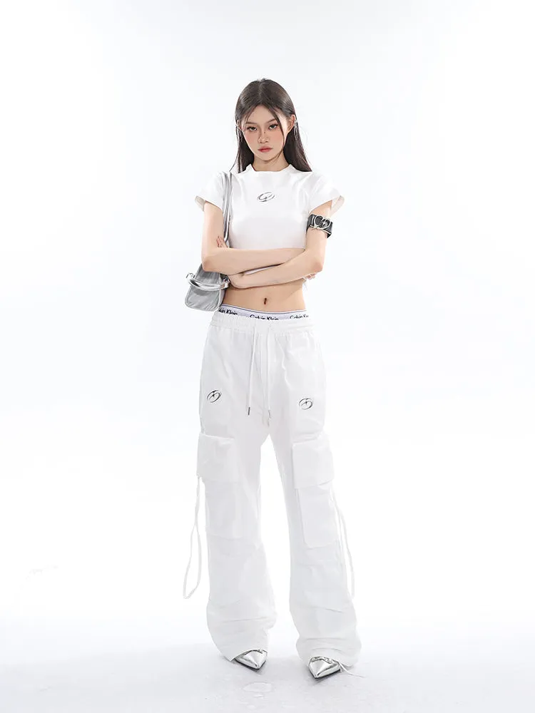 Sia Solid Color White Slim Short Sleeve Cropped Top   High Waist Baggy Multi-Pocket Cargo Pants Matching Set