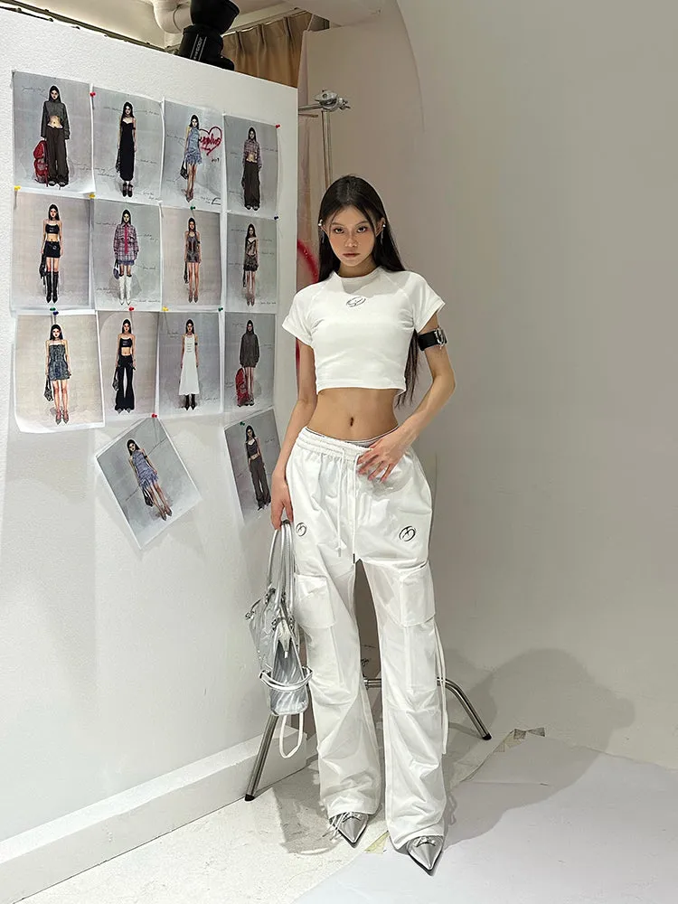 Sia Solid Color White Slim Short Sleeve Cropped Top   High Waist Baggy Multi-Pocket Cargo Pants Matching Set