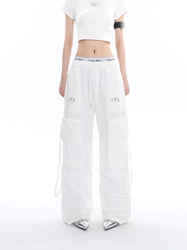 Sia Solid Color White Slim Short Sleeve Cropped Top   High Waist Baggy Multi-Pocket Cargo Pants Matching Set