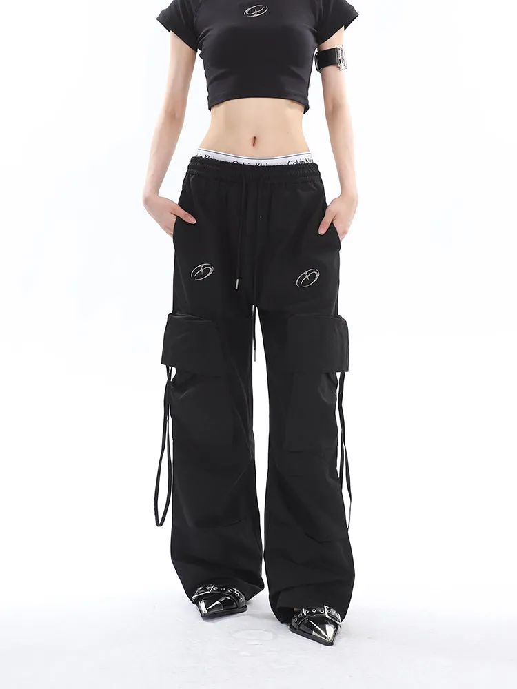 Sia Solid Color White Slim Short Sleeve Cropped Top   High Waist Baggy Multi-Pocket Cargo Pants Matching Set