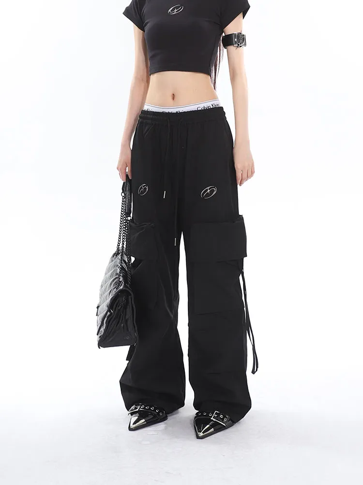 Sia Solid Color White Slim Short Sleeve Cropped Top   High Waist Baggy Multi-Pocket Cargo Pants Matching Set