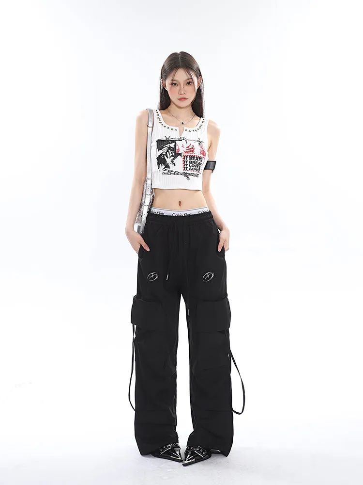 Sia Solid Color White Slim Short Sleeve Cropped Top   High Waist Baggy Multi-Pocket Cargo Pants Matching Set