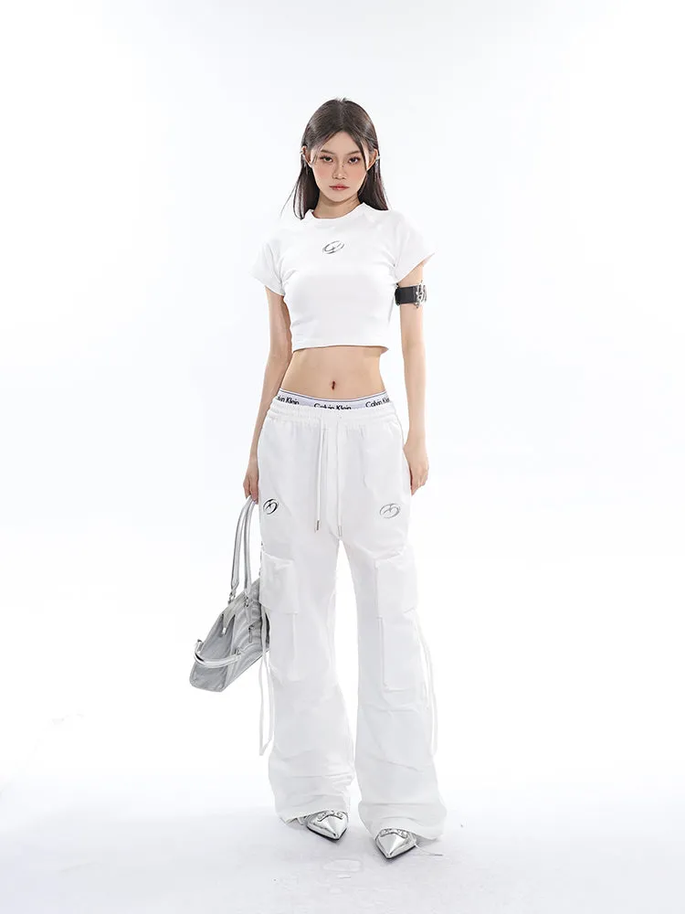 Sia Solid Color White Slim Short Sleeve Cropped Top   High Waist Baggy Multi-Pocket Cargo Pants Matching Set