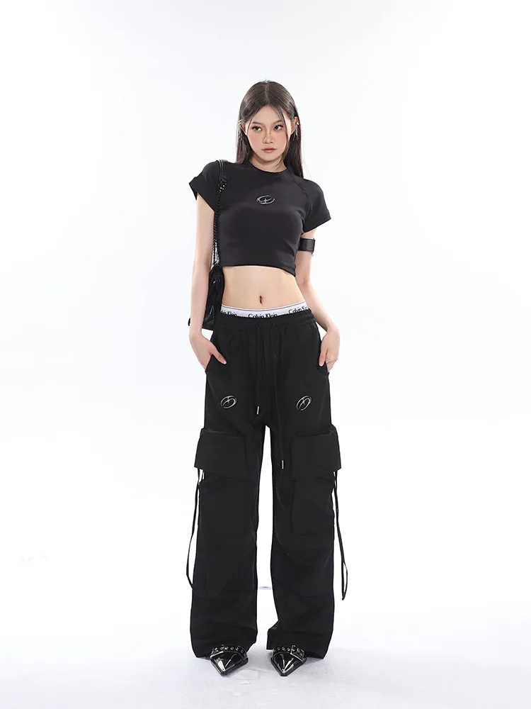 Sia Solid Color White Slim Short Sleeve Cropped Top   High Waist Baggy Multi-Pocket Cargo Pants Matching Set