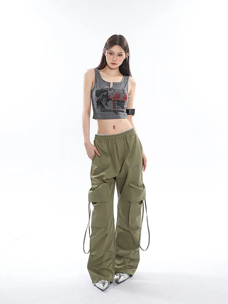 Sia Solid Color White Slim Short Sleeve Cropped Top   High Waist Baggy Multi-Pocket Cargo Pants Matching Set