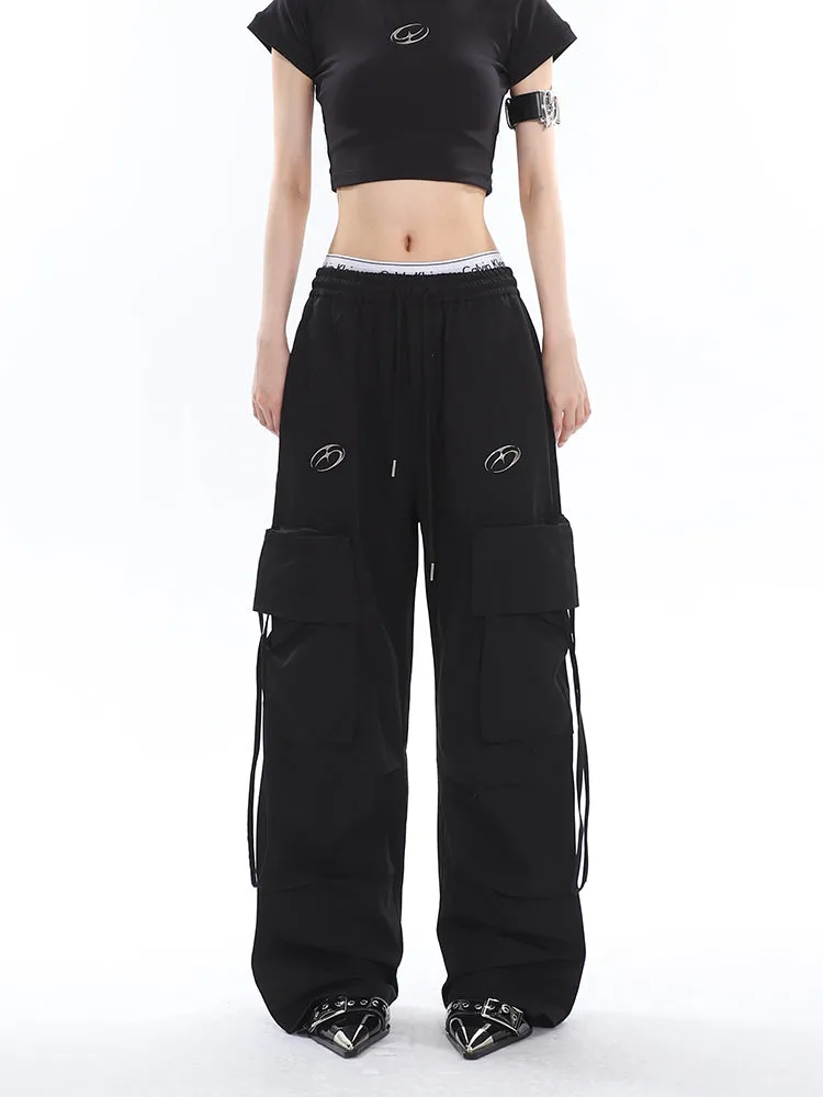 Sia Solid Color White Slim Short Sleeve Cropped Top   High Waist Baggy Multi-Pocket Cargo Pants Matching Set