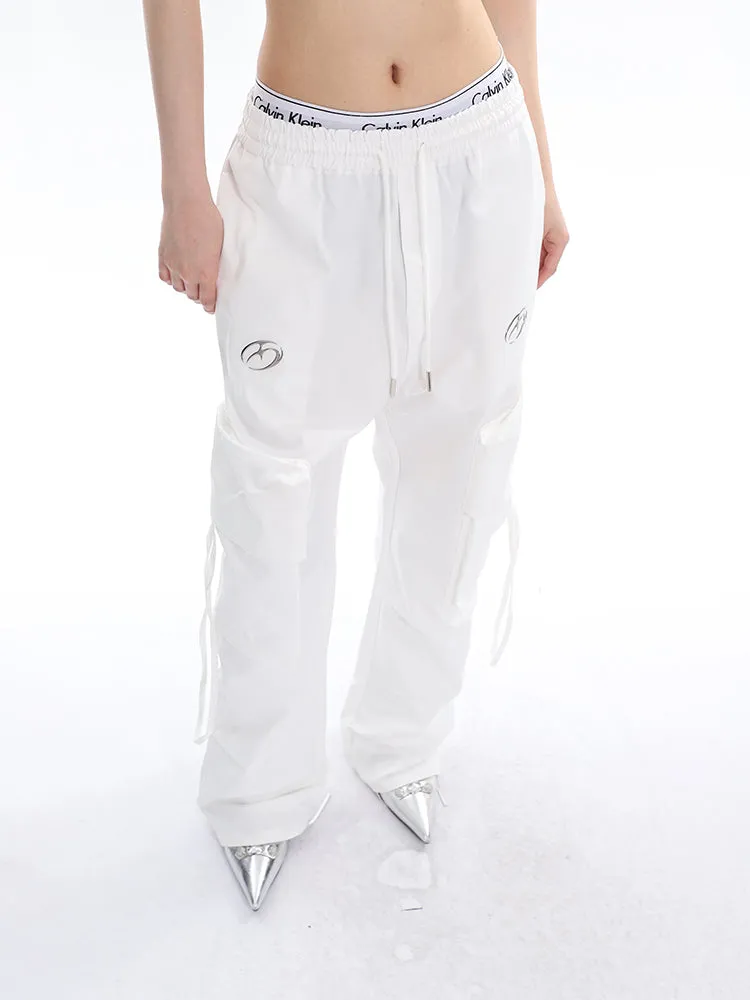 Sia Solid Color White Slim Short Sleeve Cropped Top   High Waist Baggy Multi-Pocket Cargo Pants Matching Set