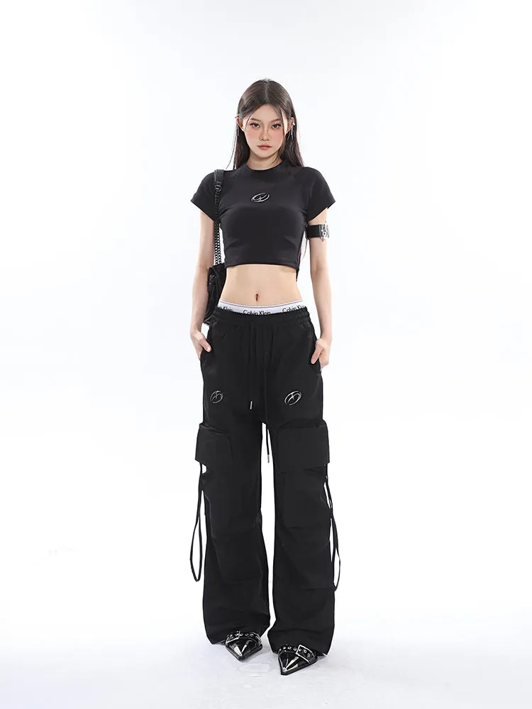 Sia Solid Color White Slim Short Sleeve Cropped Top   High Waist Baggy Multi-Pocket Cargo Pants Matching Set