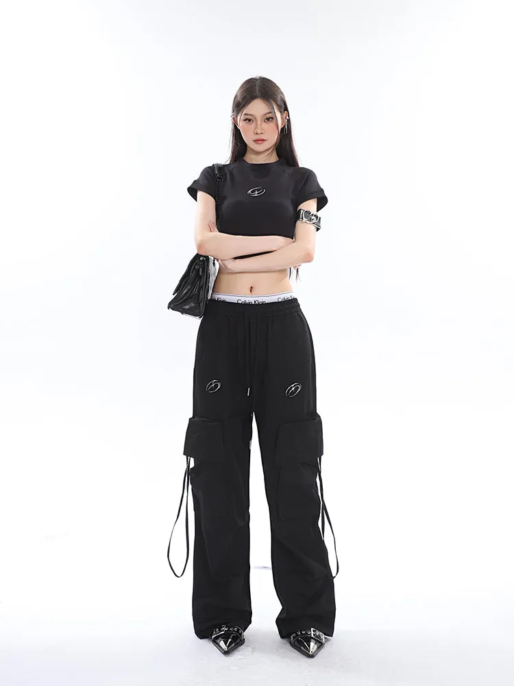 Sia Solid Color White Slim Short Sleeve Cropped Top   High Waist Baggy Multi-Pocket Cargo Pants Matching Set