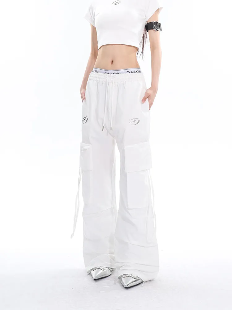 Sia Solid Color White Slim Short Sleeve Cropped Top   High Waist Baggy Multi-Pocket Cargo Pants Matching Set