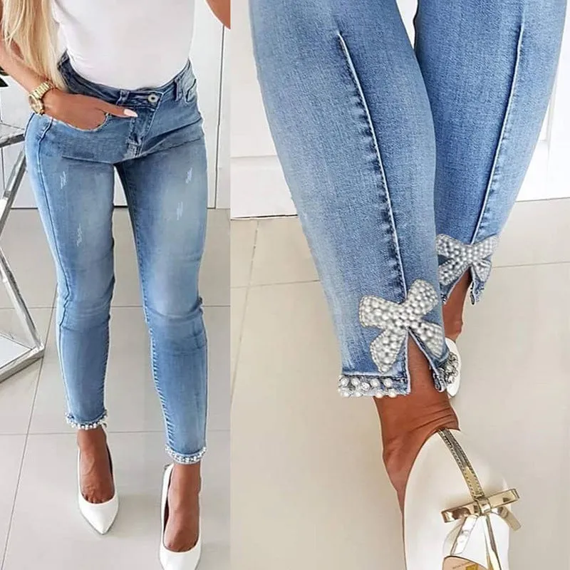 Slim Jeans Women Butterfly Sticky Flower Beaded Split Trousers