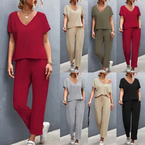 Solid Color And V-neck Short Sleeve Sports And Leisure Suit
