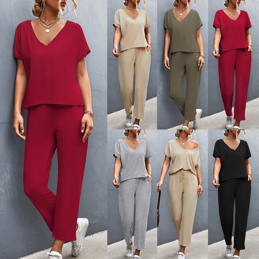 Solid Color And V-neck Short Sleeve Sports And Leisure Suit