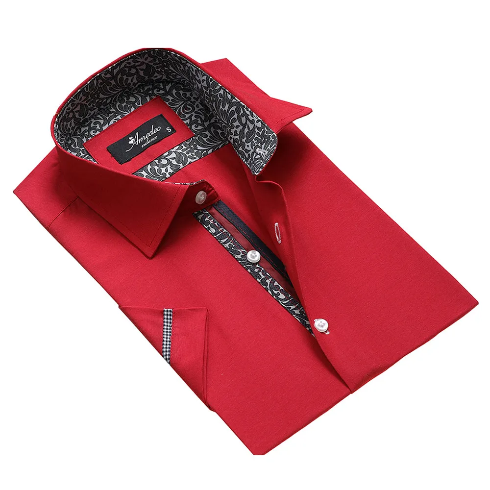 Solid Red Mens Short Sleeve Button up Shirts - Tailored Slim Fit Cotton Dress Shirts