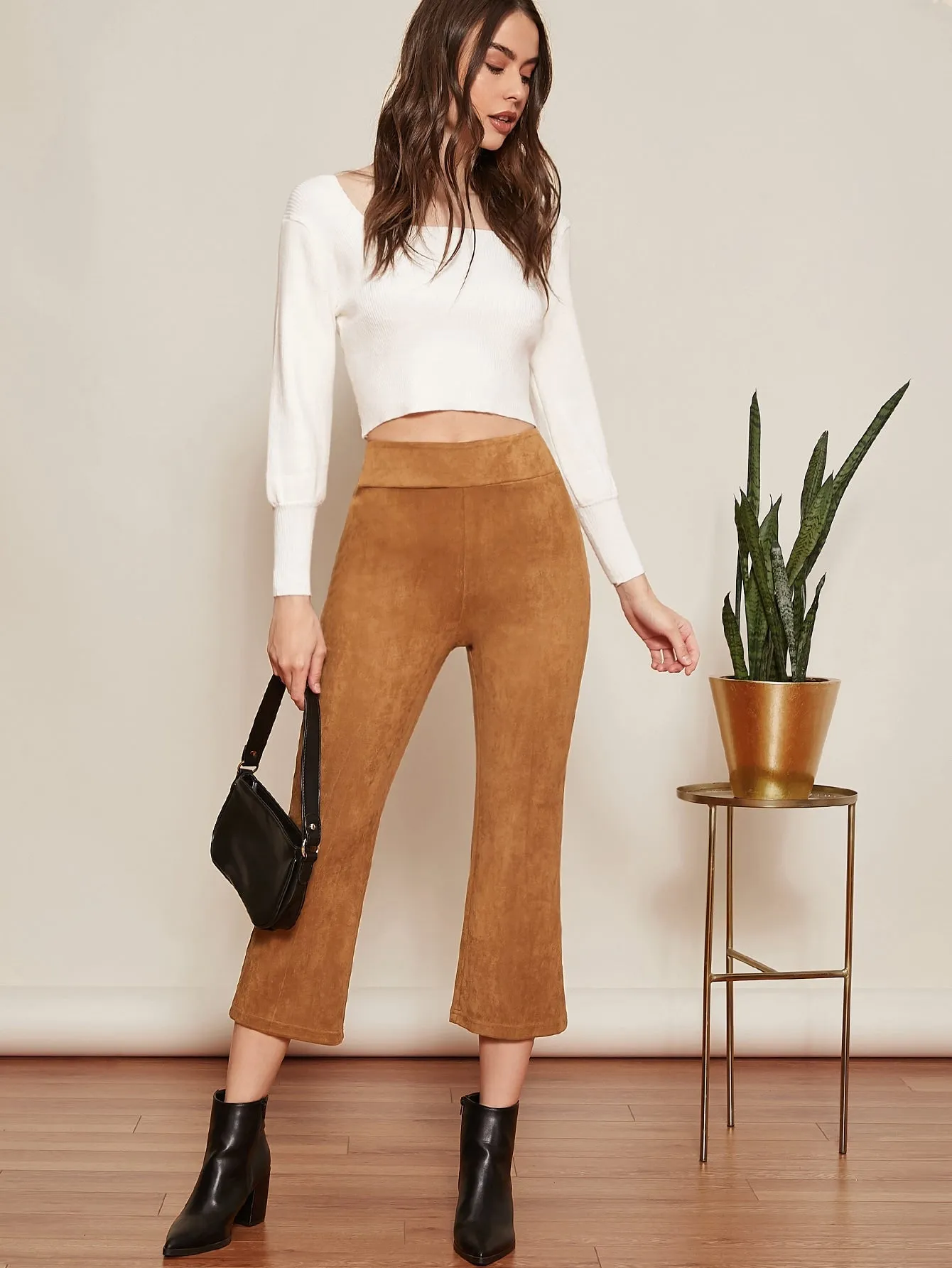 Suede Flare Leg Capri Pants(SI)