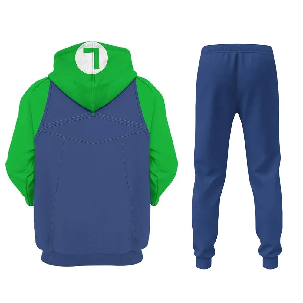 Super Mario Bros Luigi Game Character Green Hoodie 3D Printed Hooded Pullover Sweatshirt Set