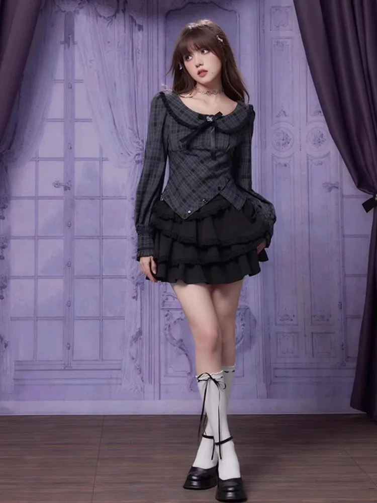Sweet Cool Doll Neck Long Sleeve Plaid Top Shirt【s0000006497】