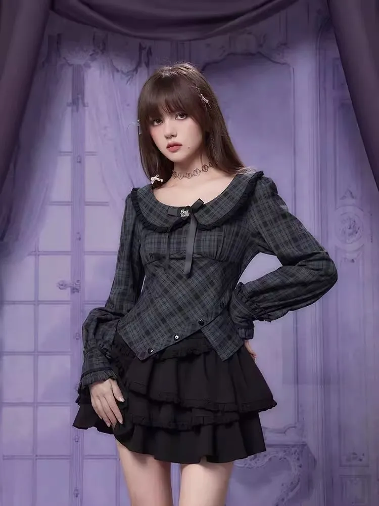 Sweet Cool Doll Neck Long Sleeve Plaid Top Shirt【s0000006497】