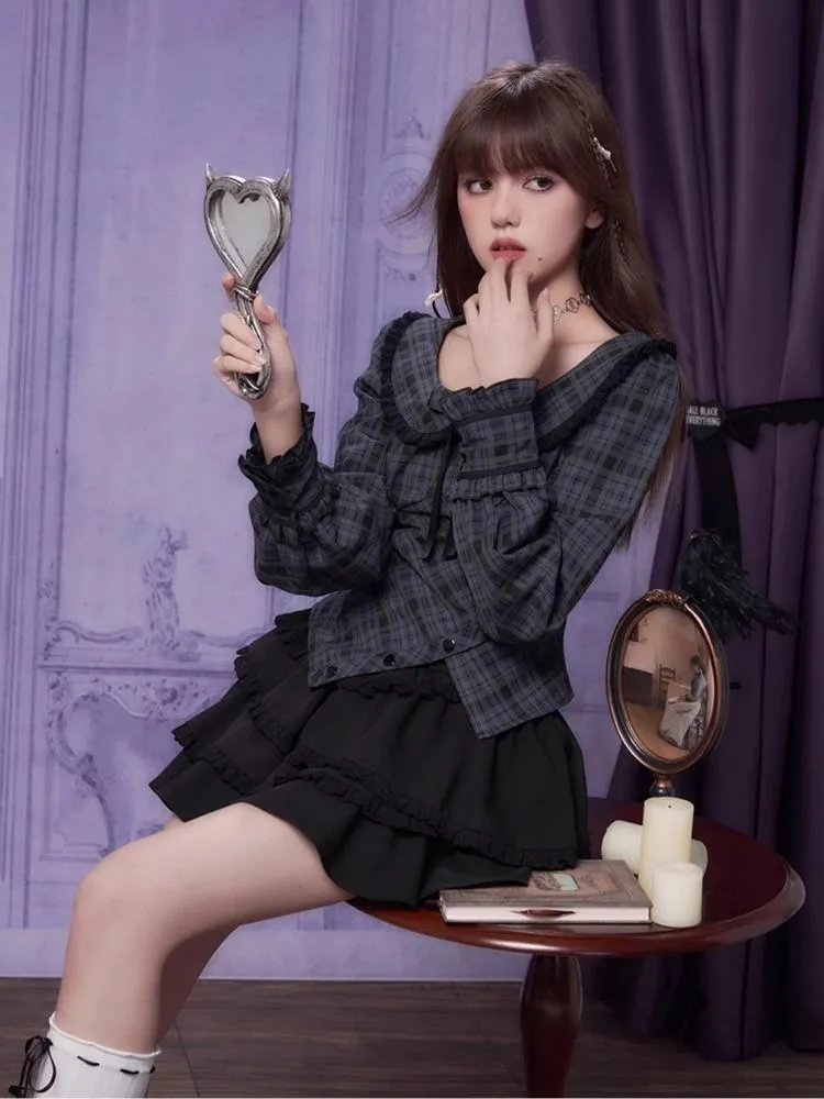 Sweet Cool Doll Neck Long Sleeve Plaid Top Shirt【s0000006497】