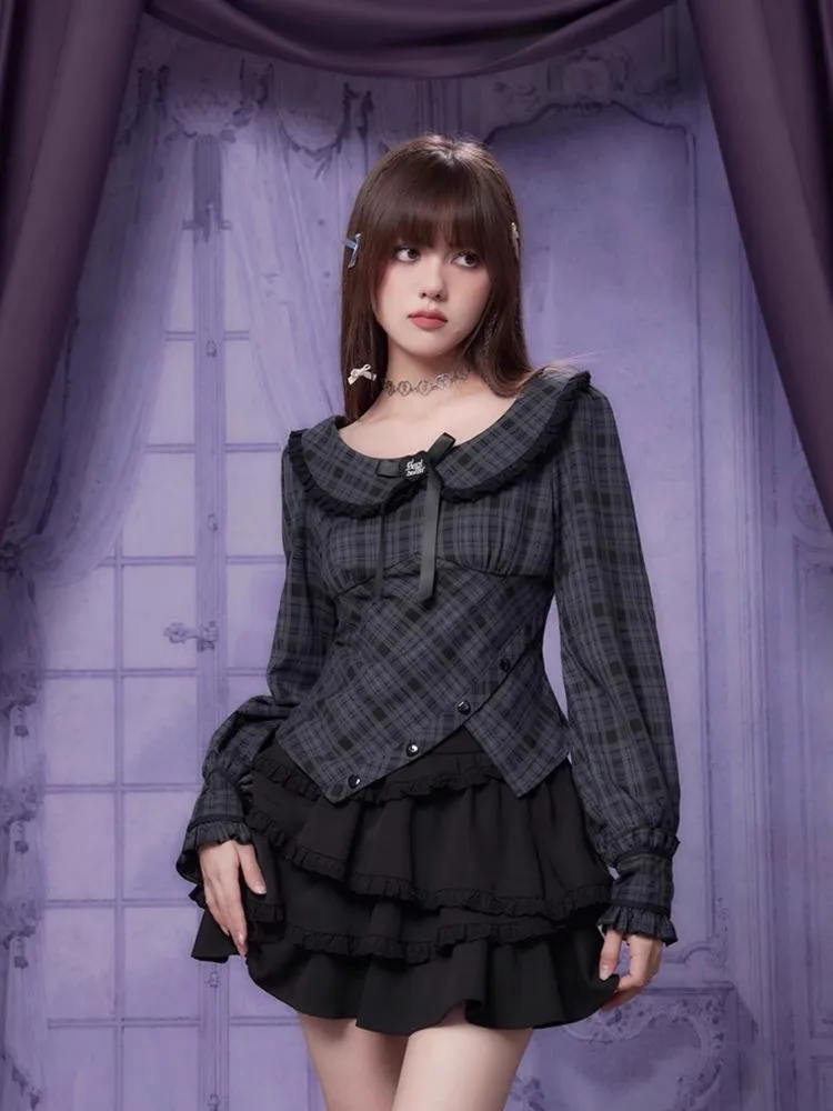 Sweet Cool Doll Neck Long Sleeve Plaid Top Shirt【s0000006497】