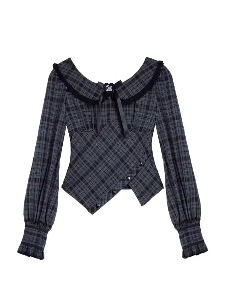 Sweet Cool Doll Neck Long Sleeve Plaid Top Shirt【s0000006497】