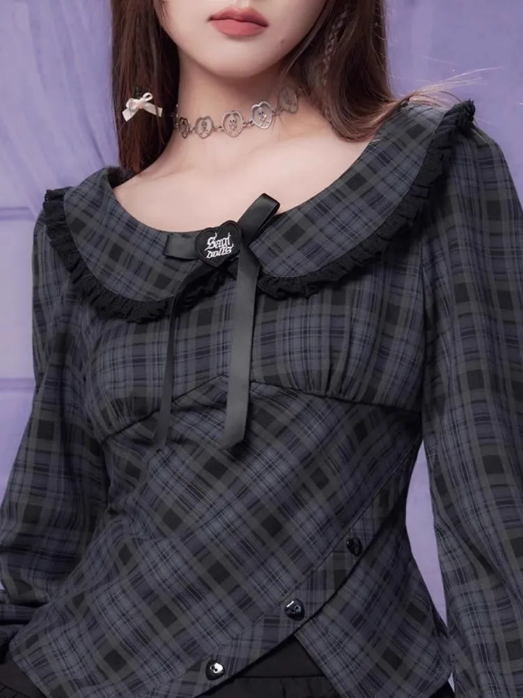 Sweet Cool Doll Neck Long Sleeve Plaid Top Shirt【s0000006497】