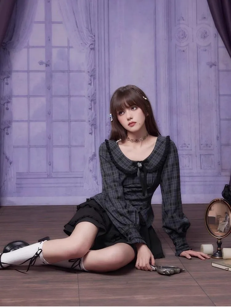 Sweet Cool Doll Neck Long Sleeve Plaid Top Shirt【s0000006497】