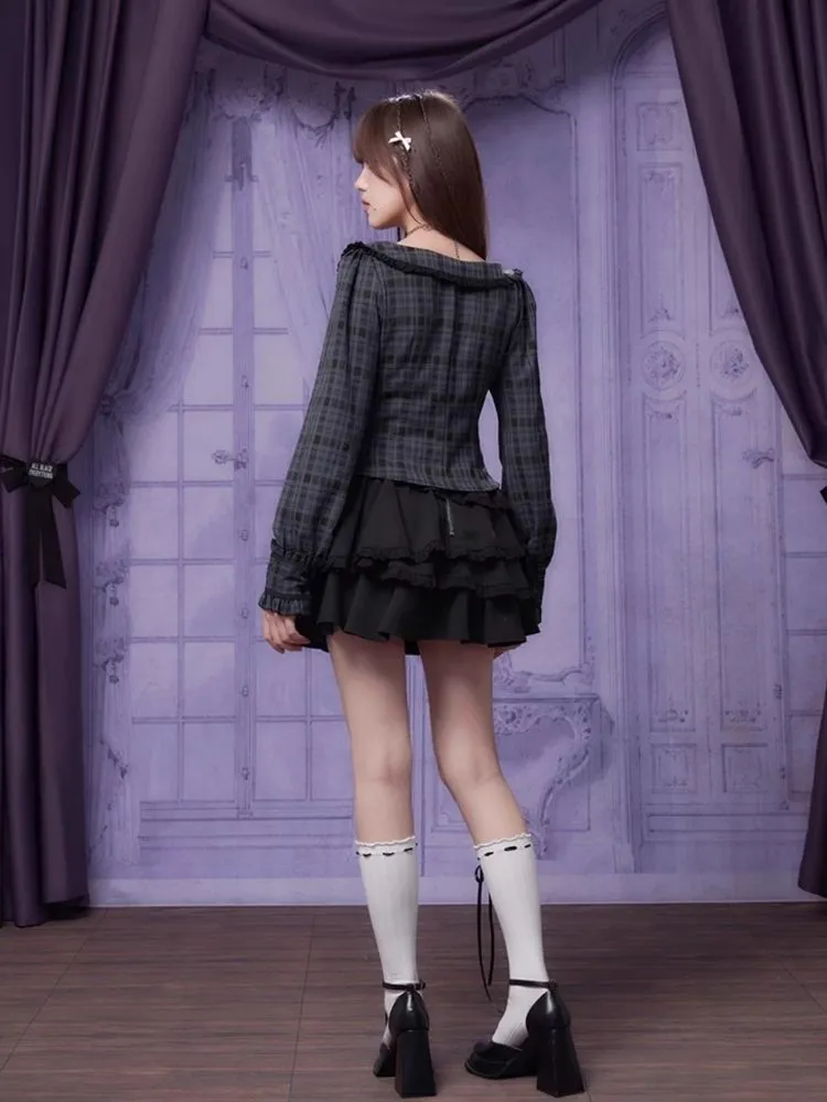 Sweet Cool Doll Neck Long Sleeve Plaid Top Shirt【s0000006497】
