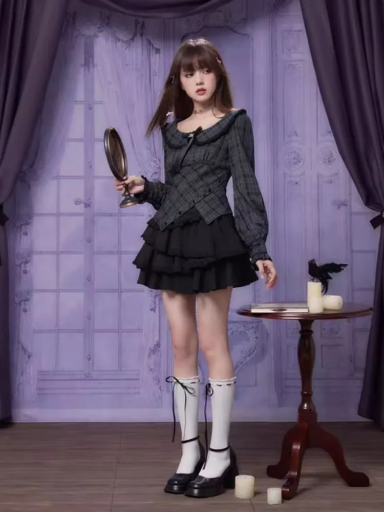 Sweet Cool Doll Neck Long Sleeve Plaid Top Shirt【s0000006497】