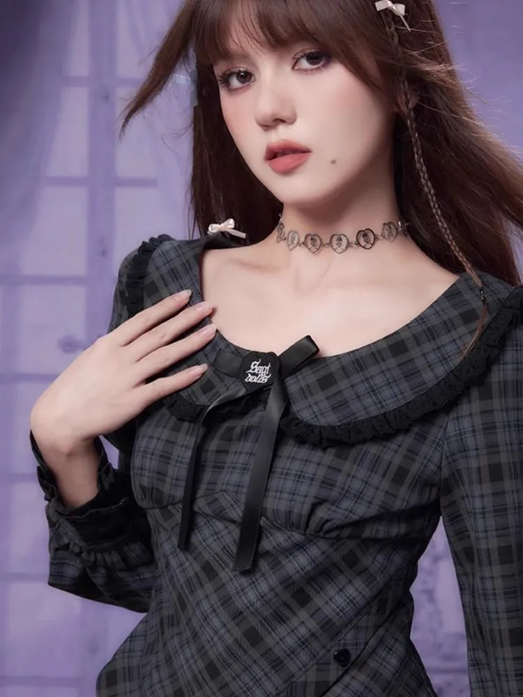 Sweet Cool Doll Neck Long Sleeve Plaid Top Shirt【s0000006497】
