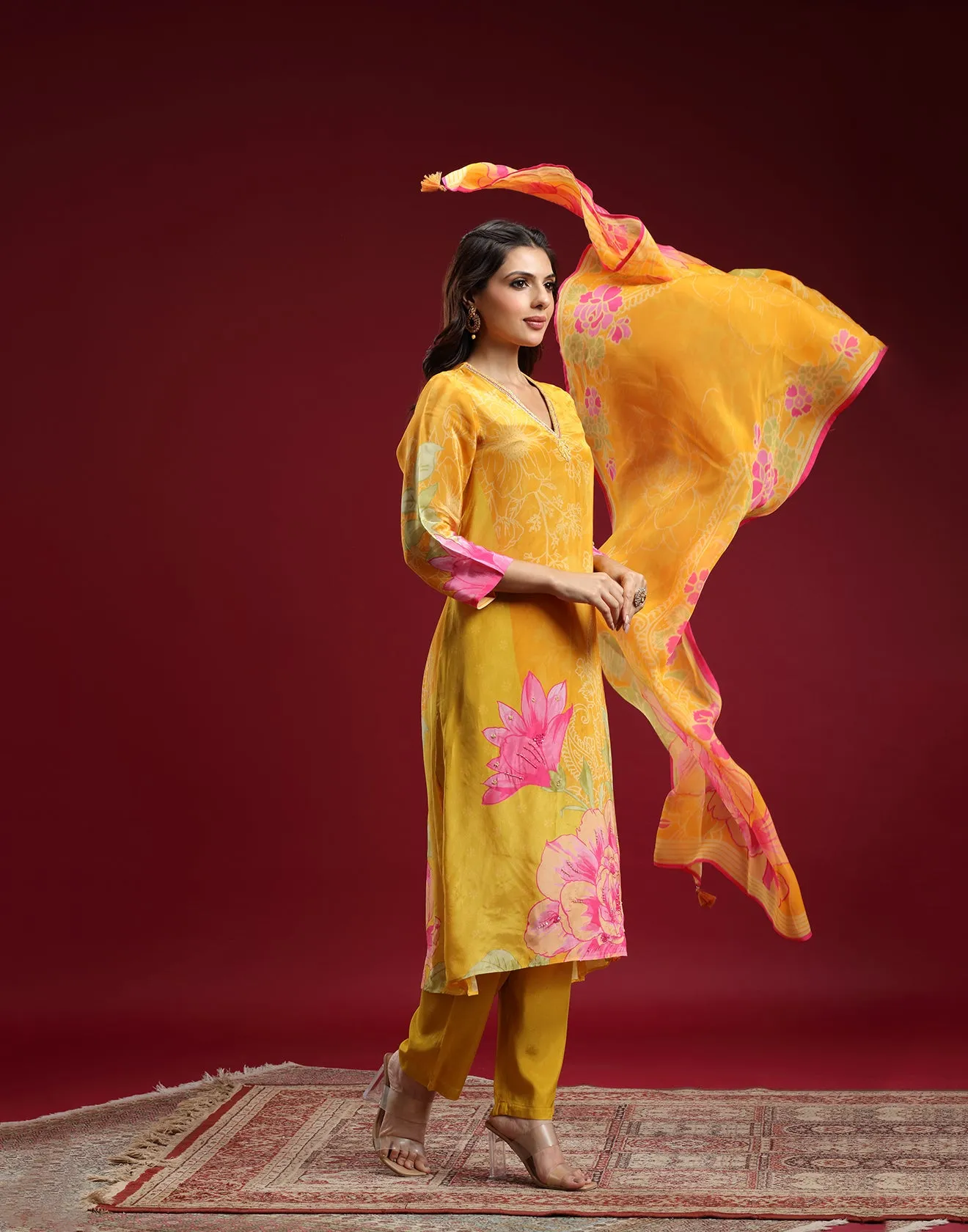 Tuscan Yellow Floral Printed Crepe Silk Kurta Set
