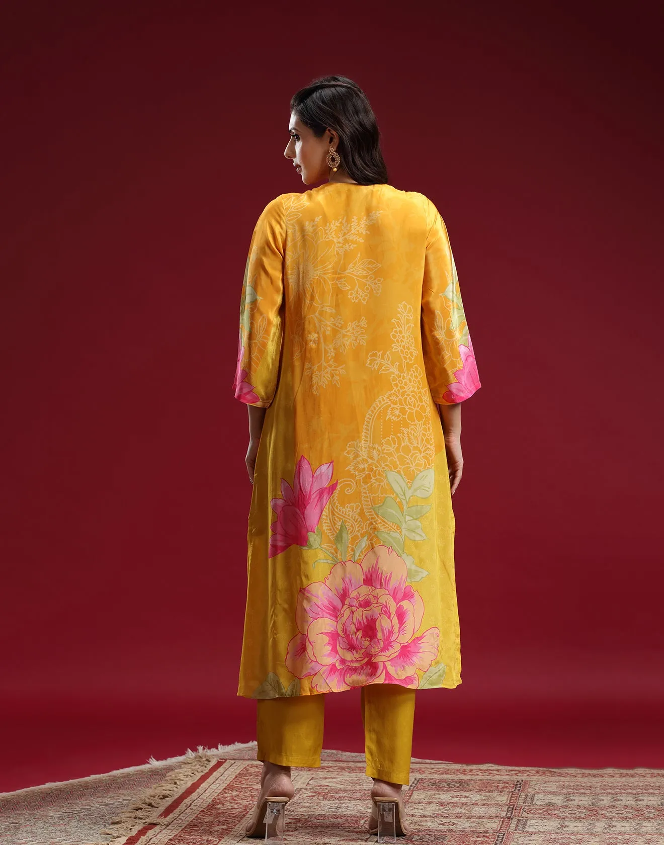 Tuscan Yellow Floral Printed Crepe Silk Kurta Set