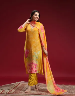 Tuscan Yellow Floral Printed Crepe Silk Kurta Set